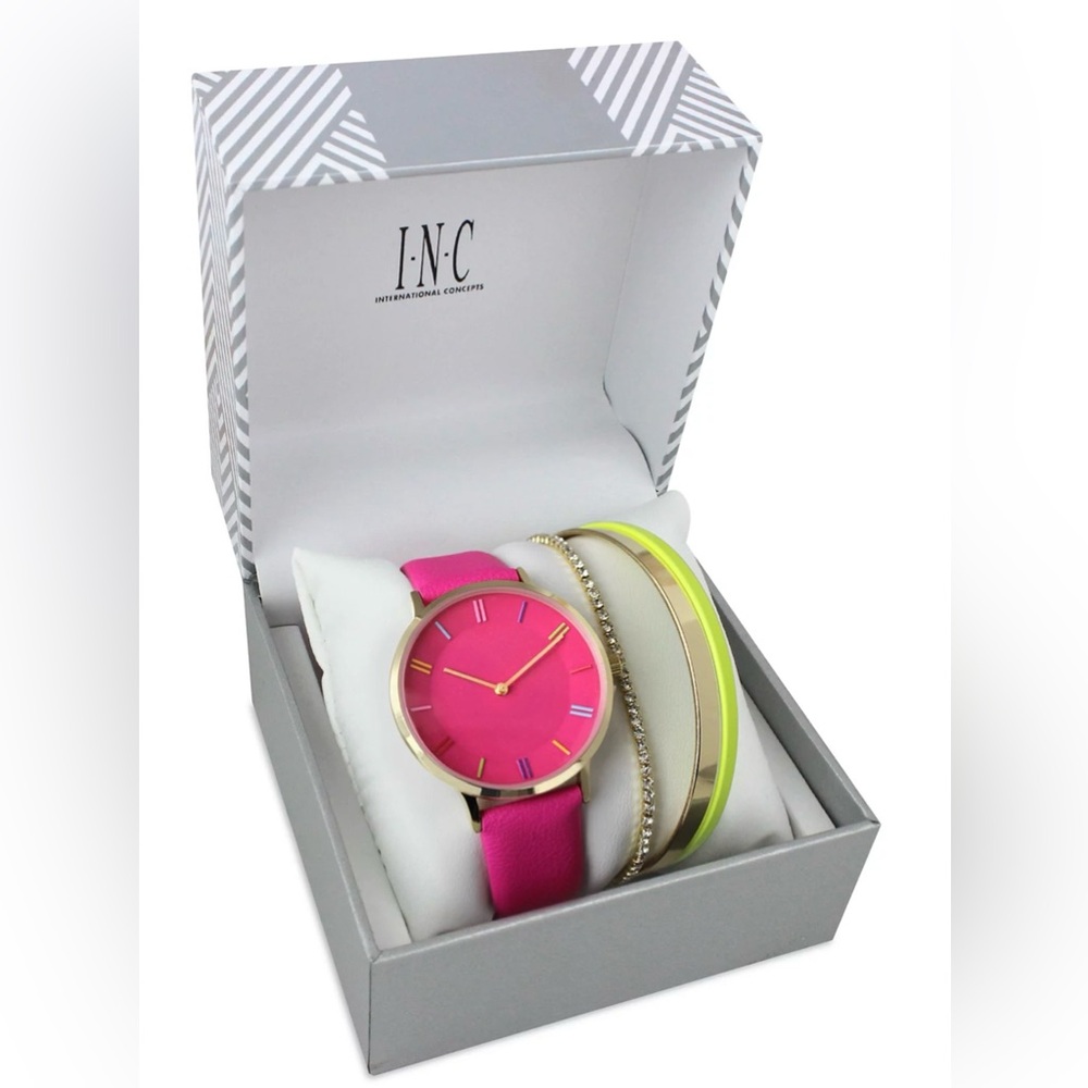 INC International Concepts Women's Pink Strap Watch and bracelet Set